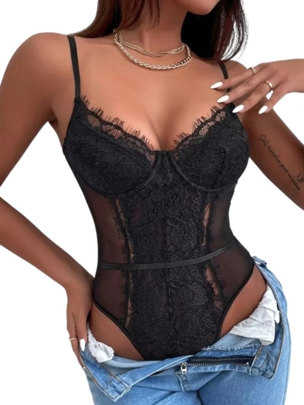 Black Lace Sheer Bodysuit - Women Intimates